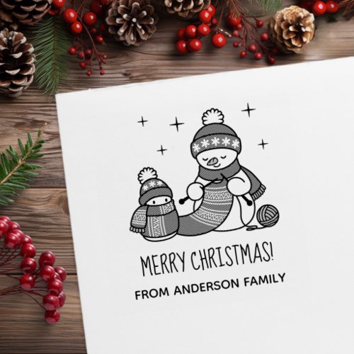 Knitting Snowman Christmas Custom Family Name Rubber Stamp