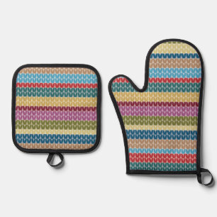 Knitting Stitch Stripes  Oven Mitt & Pot Holder Set