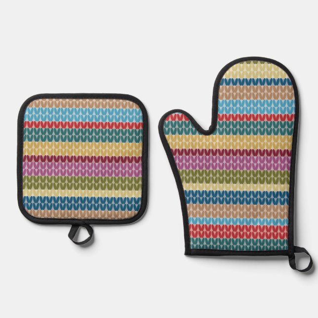 Knitting Stitch Stripes  Oven Mitt & Pot Holder Set (Front)