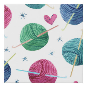 Knitting theme, watercolor seamless pattern. faux canvas print