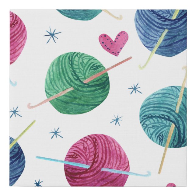 Knitting theme, watercolor seamless pattern. faux canvas print (Front)