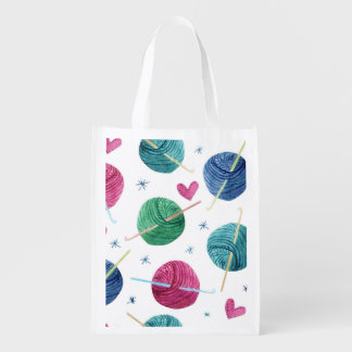 Knitting theme, watercolor seamless pattern. grocery bag