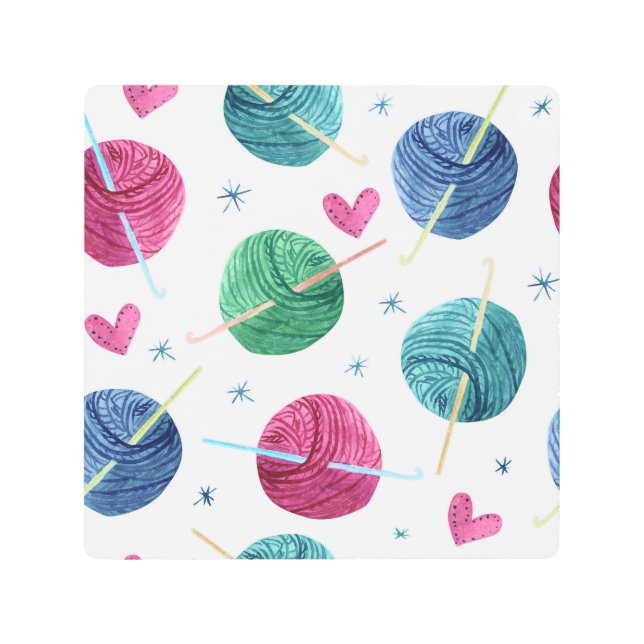 Knitting theme, watercolor seamless pattern. metal print (Front)