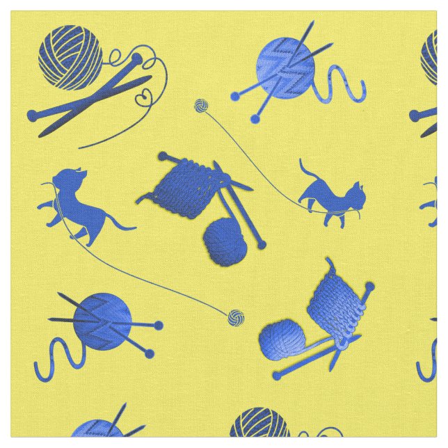 Knitting Themed Blue Pattern Sewing Craft Fabric (Close Up)