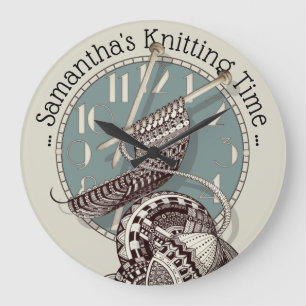 Knitting Time Doodle Art Illustration Large Clock