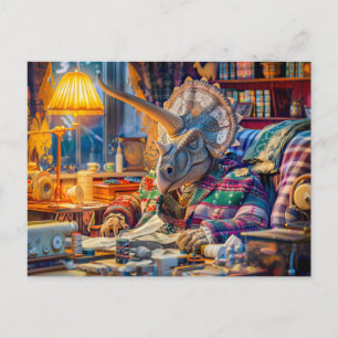 Knitting Triceratops in a Cozy Armchair Holiday Postcard