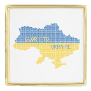 Knitting Ukrainian state map text Glory to Ukraine Gold Finish Lapel Pin