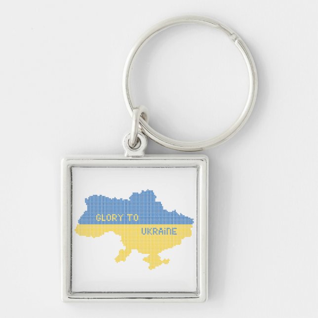 Knitting Ukrainian state map text Glory to Ukraine Keychain (Front)