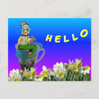 Knitting Woman on Daffodils Mug HELLO Postcard