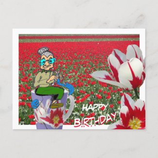 Knitting Woman on Tulips Mug Birthday Postcard