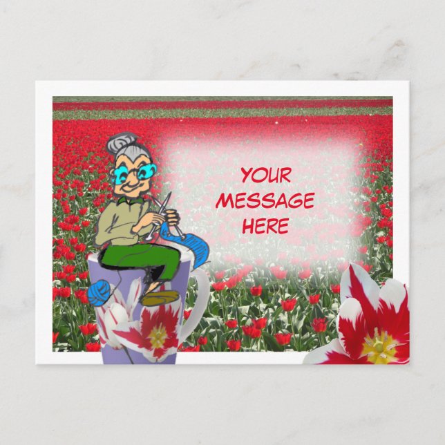 Knitting Woman on Tulips Mug DIY Postcard (Front)