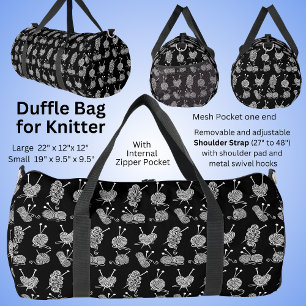 Knitting Wool Yarn Needles Knitter's Black White Duffle Bag