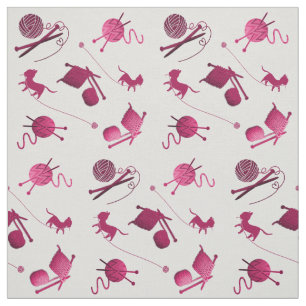 Knitting Yarn Needles Cats Pattern Wine Pink Fabric