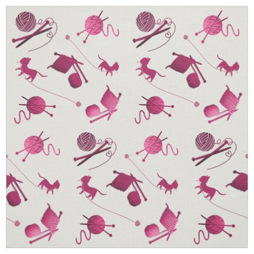 Knitting Yarn Needles Cats Pattern Wine Pink Fabric