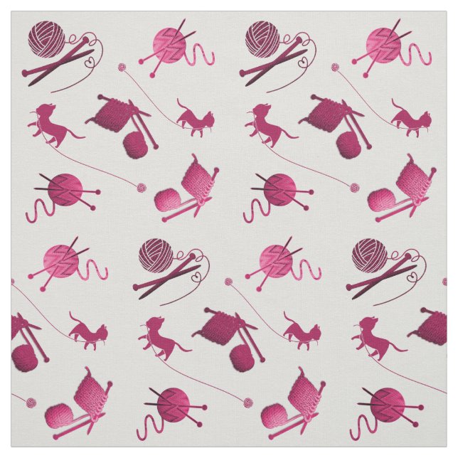 Knitting Yarn Needles Cats Pattern Wine Pink Fabric (Swatch)