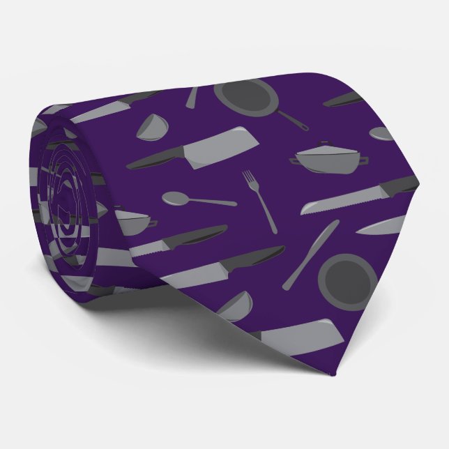 Knives and Cooking Utensils Grey and Purple Chef Neck Tie (Rolled)