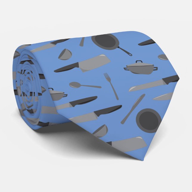 Knives Kitchen Cooking Utensils Grey Blue Chef Neck Tie (Rolled)