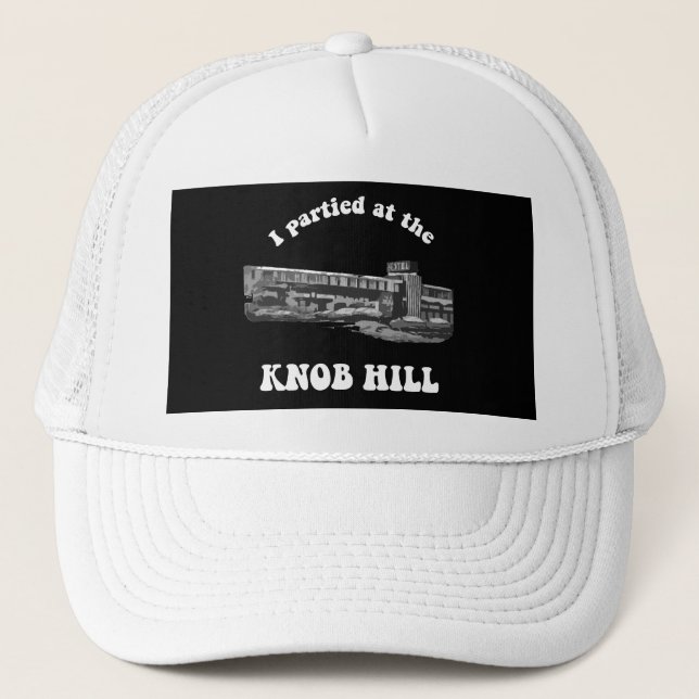 Knob Hill Trucker Cap- White on Black Hat (Front)