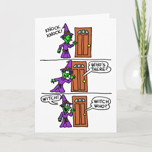 Knock Knock Halloween Cartoon Witch Kids Greeting Card (Front)