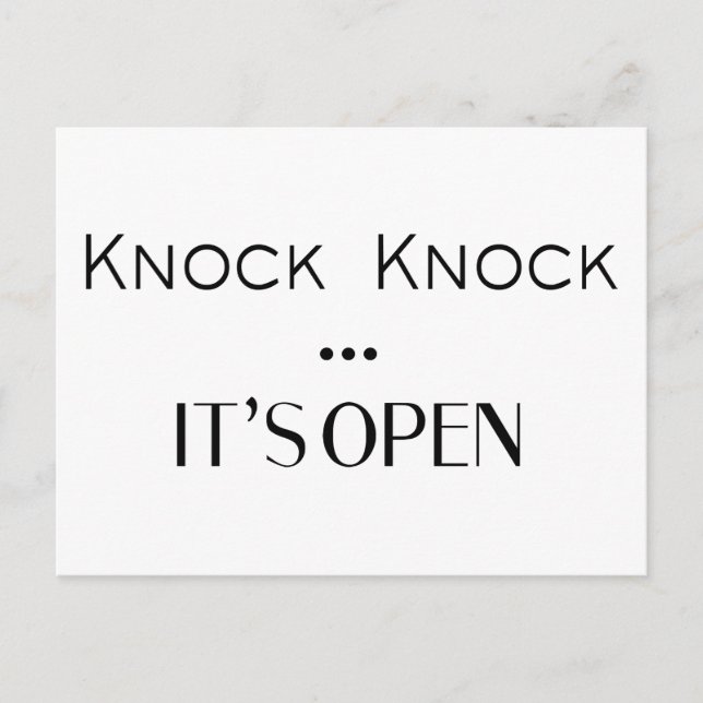 Knock Knock It's Open Postcard (Front)