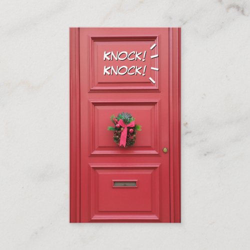 Knocking on red door comic funny attention opener business card