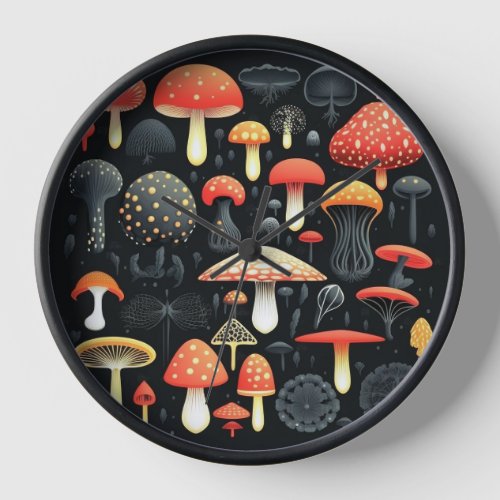 Knolling mushrooms in black blackground clock