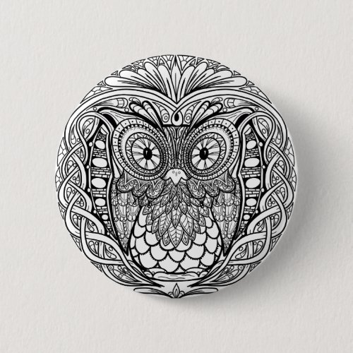 Knotted Mandala Owl Black and White Pinback Button