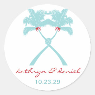 Knotted Palm Trees Hearts Tropical Beach Wedding Classic Round Sticker