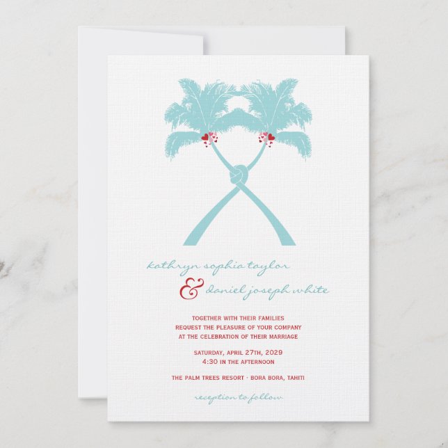 Knotted Palm Trees Hearts Tropical Beach Wedding Invitation (Front)