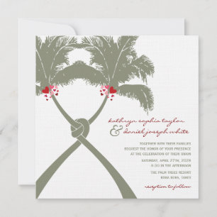 Knotted Palm Trees Red Love Tropical Beach Wedding Invitation