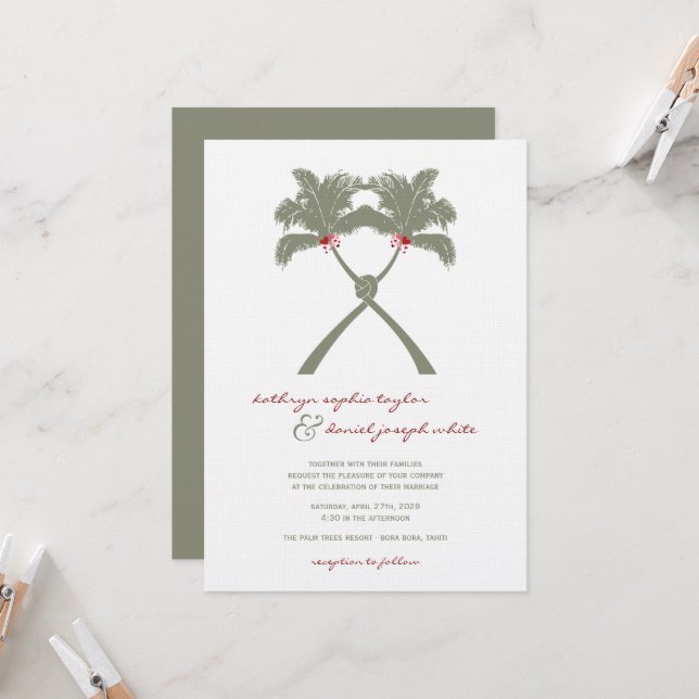 Knotted Palm Trees Red Love Tropical Beach Wedding Invitation (Front/Back In Situ)