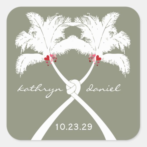 Knotted Palm Trees Red Love Tropical Beach Wedding Square Sticker