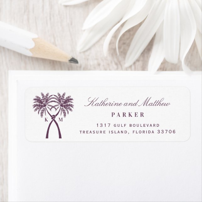 Knotted Palm Trees Tropical Beach Wedding Address Label (Insitu)
