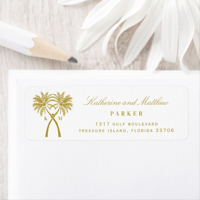 Knotted Palm Trees Tropical Beach Wedding Address Label (Insitu)