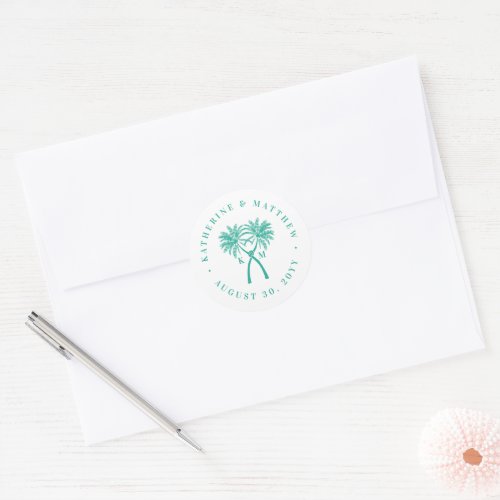 Knotted Palm Trees Tropical Destination Wedding Classic Round Sticker