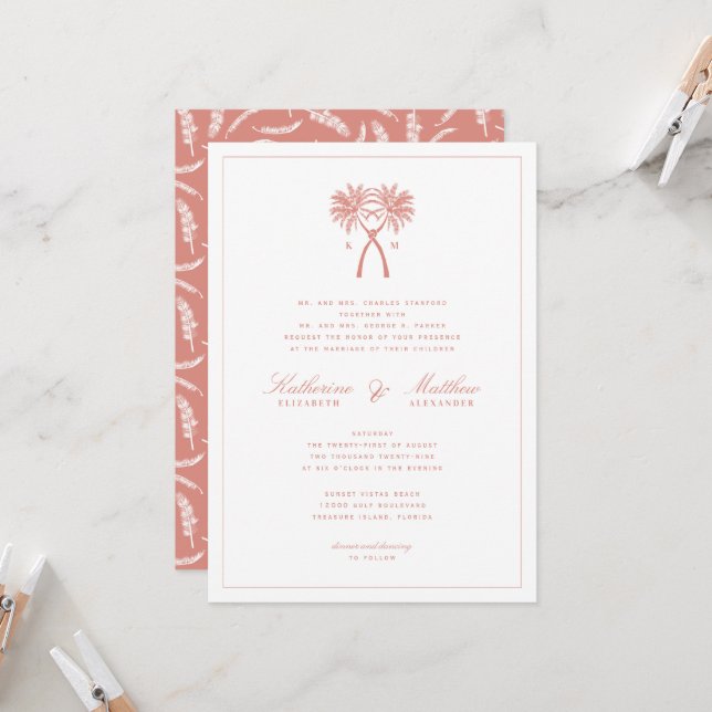Knotted Palm Trees Tropical Destination Wedding Invitation (Front/Back In Situ)