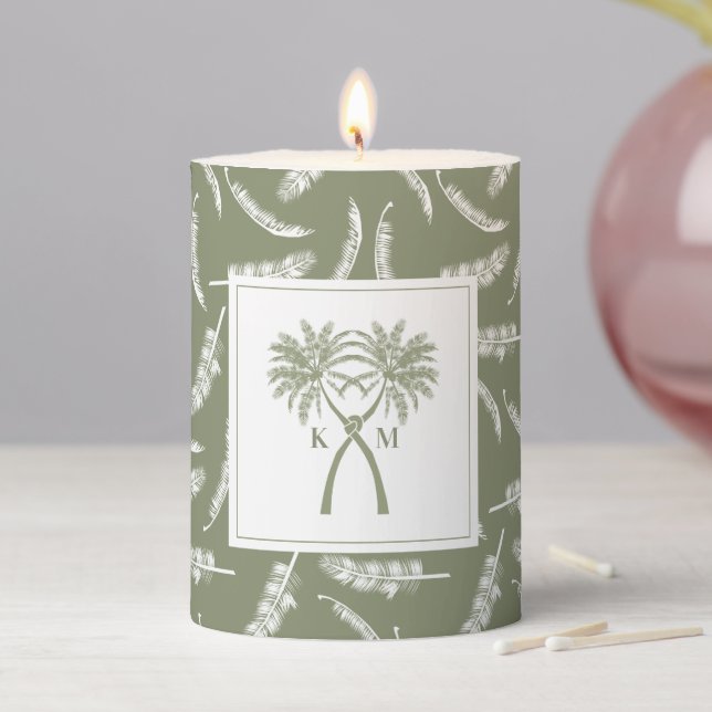 Knotted Palm Trees Tropical Destination Wedding Pillar Candle (In Situ)