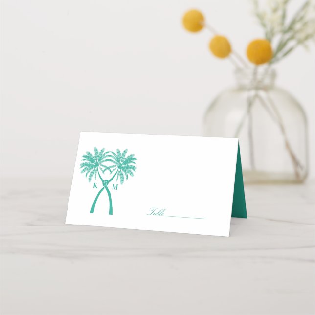 Knotted Palm Trees Tropical Destination Wedding Place Card (Front)