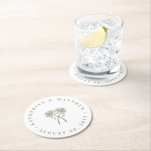 Knotted Palm Trees Tropical Destination Wedding Round Paper Coaster