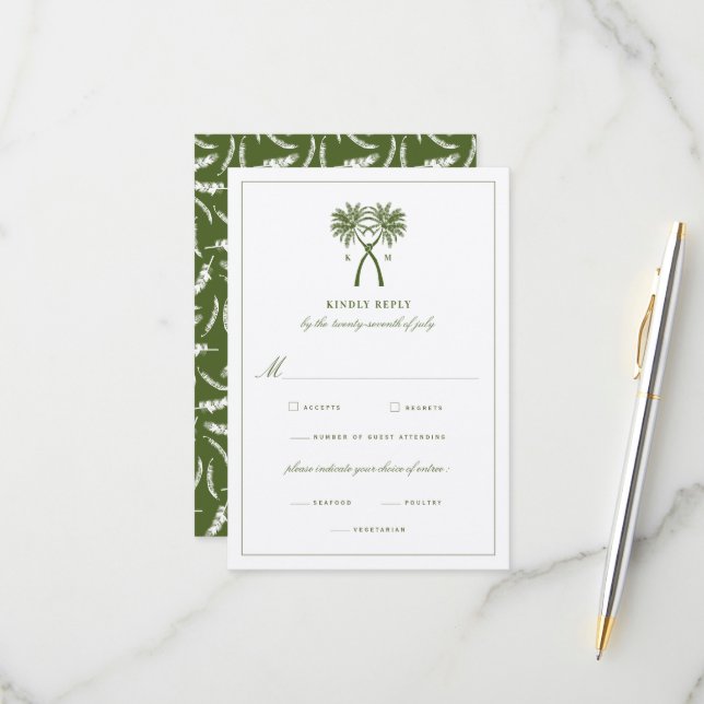 Knotted Palm Trees Tropical Destination Wedding RSVP Card (Front/Back In Situ)