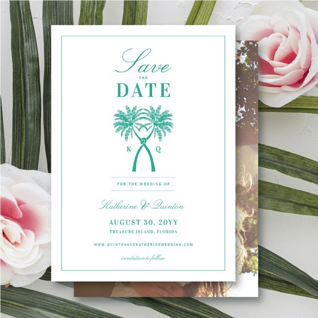 Knotted Palm Trees Tropical Destination Wedding Save The Date (Knotted Palm Trees Tropical Wedding Save The Date Photo Announcement Card @ fatfatin_blue_knot)