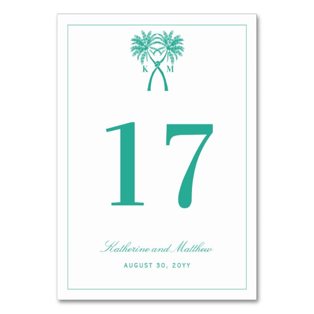 Knotted Palm Trees Tropical Destination Wedding Table Number (Front)