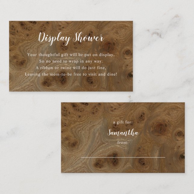 Knotty Wood Display Baby Shower insert card + tag (Front/Back)