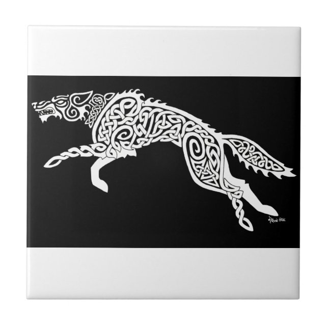 Knotwork Wolf, White on Black Ceramic Tile (Front)