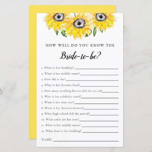 know the bride Bridal Shower Game Sunflower