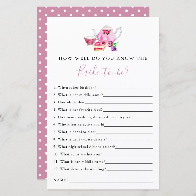 know the bride Bridal Shower Game Tea Party (Front/Back)