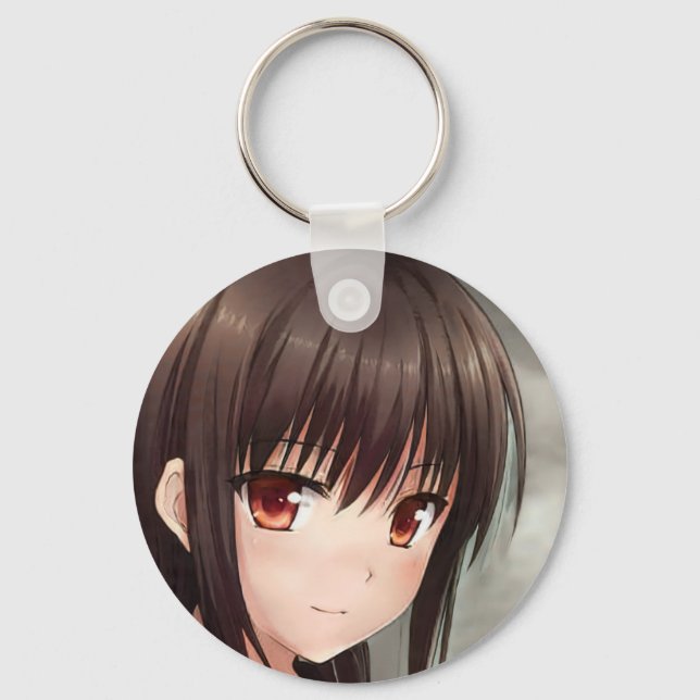 Knowing smile anime girl cute brunette amber eyes  keychain (Front)