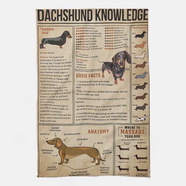 Knowledge Dachshund Wiener Dog Kitchen Towel (Vertical)