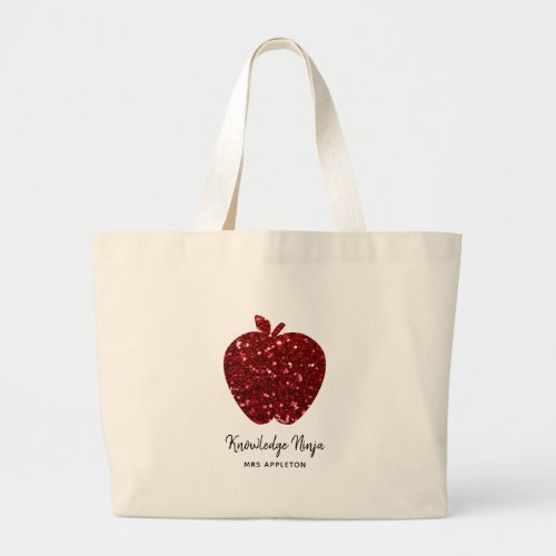 Knowledge Ninja Faux Glitter Red Apple Teacher  Large Tote Bag