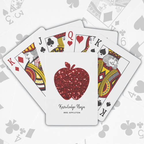 Knowledge Ninja Faux Glitter Red Apple Teacher  Poker Cards